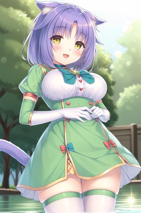 (masterpiece), high quality, (detailed background), 1girl, solo,
<lora:NekoparaCinnamon-v1-07:0.6>, ChopioCinnamon, lavender hair, medium hair, cat ears, animal ear fluff, cat girl, yellow eyes, slit pupils, (cat tail:1.3), (looking at viewer:1.3),
mature female, (large breasts:1.3),
outfit_2, lime dress, neck bell, teal ribbon, heart brooch, puffy short sleeves, elbow gloves, red hair bow, green thighhighs,
town, water foundtain, sunny, bokeh, lens flare, happy, smile, open mouth, (from below:1.1),