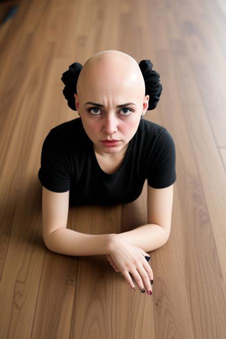 Bald sad doll girl crying on the floor under the table