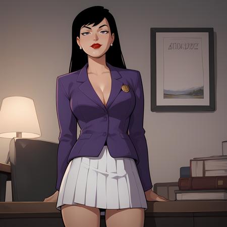 LoisLane_DCAU black hair, long hair, lipstick, purple blazer, white skirt