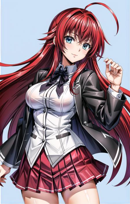 (masterpiece, top quality, best quality, official art, beautiful and aesthetic:1.2),(8k, best quality, masterpiece:1.2), 1girl, mature girl, solo, Rias_Gremory, Rias, (looking at viewer, cowboy shot, standing:1), (crimson red hair, red hair, red colored hair, flowing hair, red long hair, long ahoge:1.2), (blue eyes, light blue shining eyes:1.3), [smile, closed mouth:1.2], [large breasts, sexy:1], (Rias School, school uniform, red pleated skirt, white shirt, black jacket:1.15), <lora:more_details:.4>, <lora:RiasLora:.7>