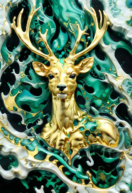 macro photography of artwork, masterpiece, high detail, deer made of liquid marble and emerald with inclusions of liquid and viscous gold, liquid marble on the surface of the deer created fractal patterns of a mixed of gold, emerald and blue marble. liquid marble. highly detailed image of a jewelry masterpiece, detailed textures of marble.