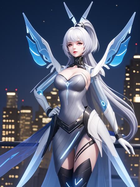 WZRYgongsunliJYZX, 1girl, solo, long hair, breasts, thighhighs, white hair, gloves, ponytail,bangs, dress,mechanical wings,drill hair,hair ornament ,cityscape, night,looking at viewer, mature female, hand on hip,  <lora:WZRYgongsunliJYZXii:0.75>,cowboy shot,