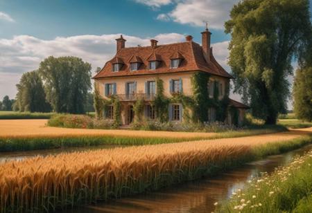 a beautiful country house in the middle of a wheat field, trees, flowers, river, enchanted fairytale landscape, 8k, raw photo, masterpiece, intricate details,