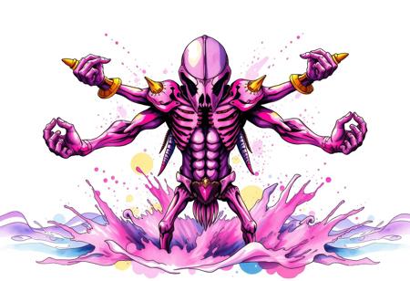 A dynamic Splash Ink Illustration of a pink and purple Fossil Warrior Skull Bone with striking gold accents. The character has a muscular physique, visible abs and chest, and four arms, two dramatically extended. A helmet with a visor obscures the face. The legs are bent, suggesting intense readiness. The figure stands centrally in a Marincess Battle Ocean, rendered with expressive ink splashes and watercolor washes that create an attractive, fluid background. Sharp Lines and Brush Strokes define the form, reminiscent of a Raphael Style interpretation of anatomy and pose within a contemporary aesthetic. Impeccable Composition, Creative Angle, Handcrafted with Precision, High Quality, Stunning Colors, Harmonious Colors, Multi Colored, Balanced Editing, Intentional Focus, Well-timed Moment, Vivid Emotions, Joyful Impact, Powerful Message, Beautiful Detailed Eyes, Artstation Trending on ArtstationHQ.