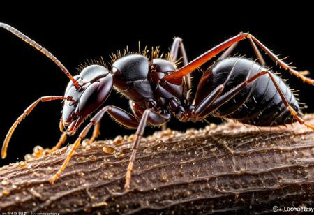 An ultra-detailed high-resolution macro shot capturing the intricate features of a queen ant, showcasing its majestic presence and intricate anatomy up close, macro photography highlighting the queen ant's detailed body structure, regal and powerful aura, close-up view revealing the tiny details of the ant's exoskeleton and antennae, impressive level of detail and clarity, scientific beauty of nature, visual masterpiece displaying the queen ant's importance in the colony, realistic and immersive experience, macro shot by top photographers like Levon Biss, Nicky Bay, Piotr Naskrecki, trending on Nat Geo, trending on Macro Photography, Intricate, High Detail, Sharp focus, realistic, scientific, photorealistic image by Levon Biss and Nicky Bay;