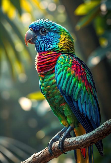 A majestic, ultra-detailed tropical bird perched on a branch, feathers shimmering in a spectrum of vibrant colors — sapphire blue, emerald green, ruby red, and golden yellow — iridescent and glowing in soft sunlight, hyper-realistic texture, intricate feather patterns, sparkling eyes, lush jungle background with blurred depth of field, photorealistic, 8k, award-winning wildlife photography style