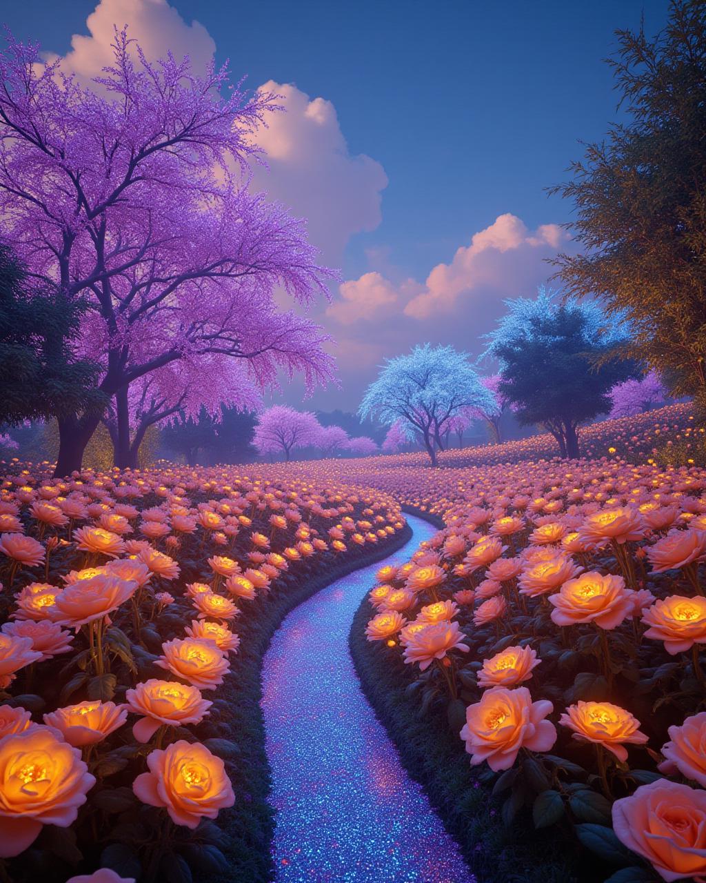 An expansive, glowing garden where every plant and flower is made of pure light. The roses emit a warm, golden glow, while the trees sparkle with blue and silver. The paths between the plants are made of shimmering stardust, and the sky above is filled with softly glowing clouds in hues of pink and lavender