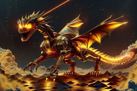Robot dragon in the sky, wings spread, breathing lasers. midasmagic, golden aura