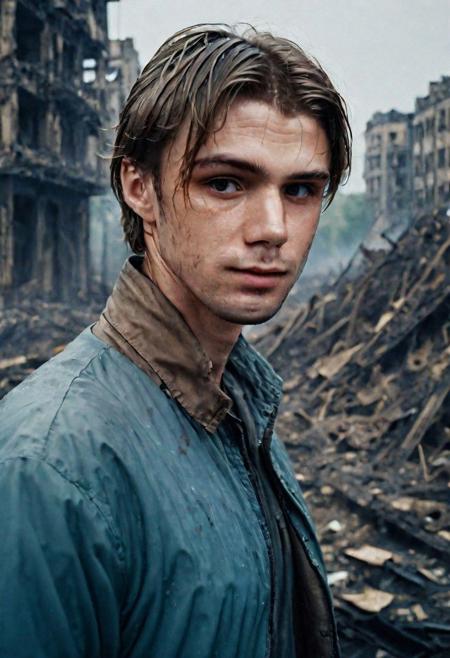 Photo of a man who is standing looking at how his city has been destroyed by a nuclear bomb. He has just arrived at the disaster and observes the horror of the destruction, ruined buildings full of smoke and flames, ground full of rubble with skeletons lying around In the dawn light floods the scene, the man is completely dressed in normal clothes and wet, he is dirty, everything is a disaster, the sky is cloudy and it is raining, , Fujifilm XT3,film still,film grain,cinematic,soldier accessories,war style, professional photo,best quality and best aesthetic,Award-winning artistic photos,Outdoors,public places,( detailed in background:1.6)Perfil,18-20