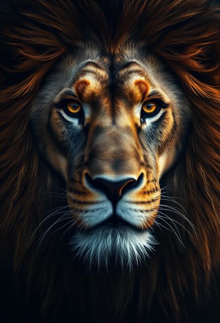 A highly detailed close up headshot photograph of a majestic male lion with beautiful golden eyes and a large, full dark mane.  Dynamic low key lighting.
