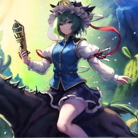 1girl, Eiki Shiki green hair, blue dress, wearing a hat, holding the rod of remorse <lora:Eiki Shiki:1>  riding a horse, cactus background, best quality, hyper detailed, beautifully detailed, dramatic lighting