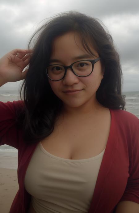 Janine \(Person\), @Janineaam masterpiece, 1girl, glasses,  black eyes, nose, black hair, closed mouth, eyeliner, closed mouth, looking at viewer, long hair,red parted lips,  shirt , hands behind back , background: beach with crashing waves, clouds, <lora:Janineaam:1>