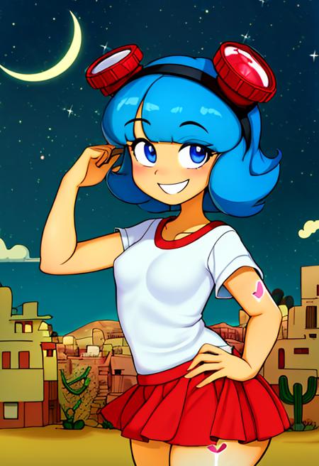 (masterpiece:1.4), (best quality:1.4), (high resolution:1.4), cartoon style,  young, FridaSuarezv1.5 <lora:FridaSuarezv1.5:0.7>, teenager, red miniskirt, white shirt, red goggles, smile, short blue hair, looking at viewer, detailed face, detailed eyes, small breasts, cowboy city in the desert, moonlight, cactus, desert town, thick lines, artstation female body<lora:aki-puffy-only-epoch-000002:0.3> <lora:thickline_fp16:0.3> <lora:add_detail:0.5> <lora:detailmaker:0.5>