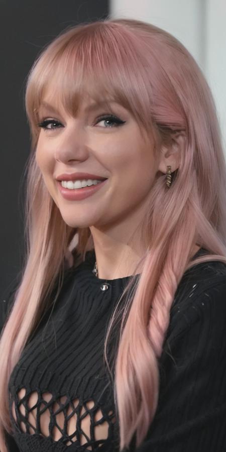 <lora:Taysway_V5-10:0.8> Taysway, instagram photo, bokeh, 35mm photograph, 4k, high heels, a beautiful woman, long pink hair, mascara, fringe, low-cut cosy sweater, ((cosy)), smiling at viewer, looking at viewer, seductive, happy, earrings, plain black background, upper body