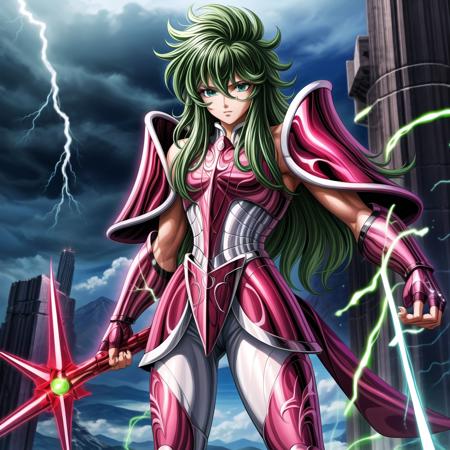 masterpiece, best quality, highres, solo, 1girl, saint seiya, green eyes, cloudy sky, gold armor,fingerless gloves, pauldrons, electricity,energy ,<lora:more_details:0.8>,<lora:andromeda:0.6>