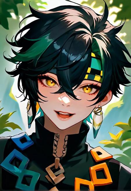 kinchi  headband short hair black hair green hair streaked hair