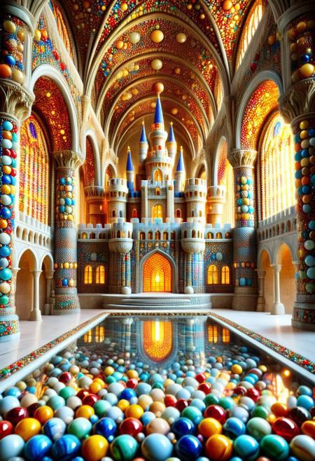 (((reality-shot, realism, realistic photography of a grand castle built entirely from marbles, towers topped with crowns of glowing glass orbs, walls adorned with intricate mosaic patterns made of multicolored marbles, moat filled with rippling reflections of refracted light, medieval art style, ruby-gold theme, intricate details, ultra sharp, exquisite detail, flawless composition, vivid colors, masterpiece, regal splendor lora:marbles_world:1 )))