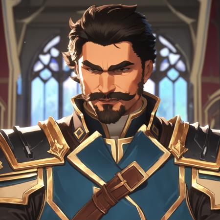 arcane style, 1boy, male focus, solo, facial hair, mustache, short hair, indoors, letterboxed, teeth, upper body, black hair, jacket, black eyes, thick eyebrows, looking at viewer, bangs, brown hair, armor, closed mouth, blue jacket, brown eyes, uniform, beard , ((masterpiece))