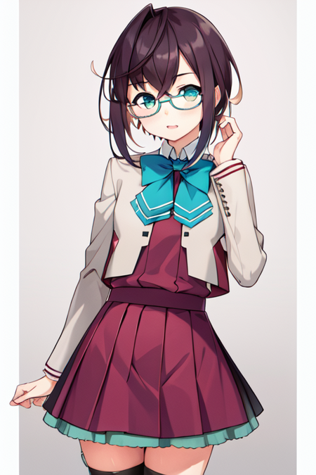 okinamiKC, green eyes,1girl, solo, short hair,shirt,dress, school uniform, white shirt, pantyhose, glasses