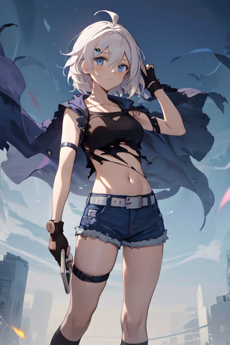 KianaWoA, 1girl, solo, short hair, blue eyes, shirt, hair ornament, gloves, navel, hair between eyes, bare shoulders, medium breasts, collarbone, white hair, ahoge, shorts, sleeveless, black gloves, hairclip, midriff, belt, fingerless gloves, crop top, torn clothes, kneehighs, black shirt, short shorts, sleeveless shirt, thigh strap, denim, blue shorts, denim shorts, torn shirt