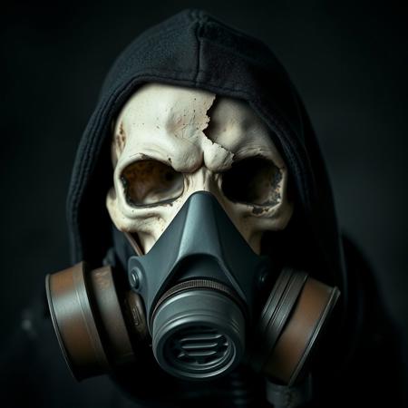 Superhero mask, half the mask ripped off, skull underneath, gas mask, cinematic