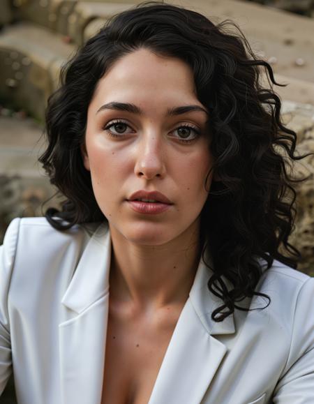 a close up  analogue photo of a beautiful age 21 Greek woman, ((dark eyes)), ((black hair)), olive skin, oval face, curly hair, <lora:Greek_contemporary_Goddess-000006:0.2>, greek goddess,wearing white blazer, black dress pants, white blouse, black pumps,,((soft natural light)), ((rembrant light)), shadows, clear focus, high resolution image, low light, soft natural light, Rembrandt style light, Hasselblad DLSR camera, 200mm Zeiss lens, f/2.8, ,Sexy pose, erotic pose, exhibitionism, ,Bridge over a gorge