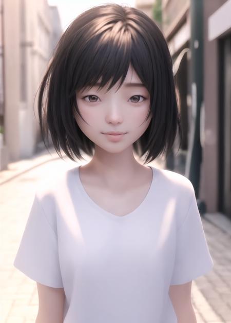 shenxiu, 1 girl, solo exhibition, street view, brunette hair, smile, reality, blurred and short hair, wearing school uniform, lips, blurred background, upper body, bangs, 16K, hd, 3D, high quality, OC rendering, unreal engine, top graphics, cinematic graphics, perfect lighting and shadow effects,,<lora:deep sea:0.7>