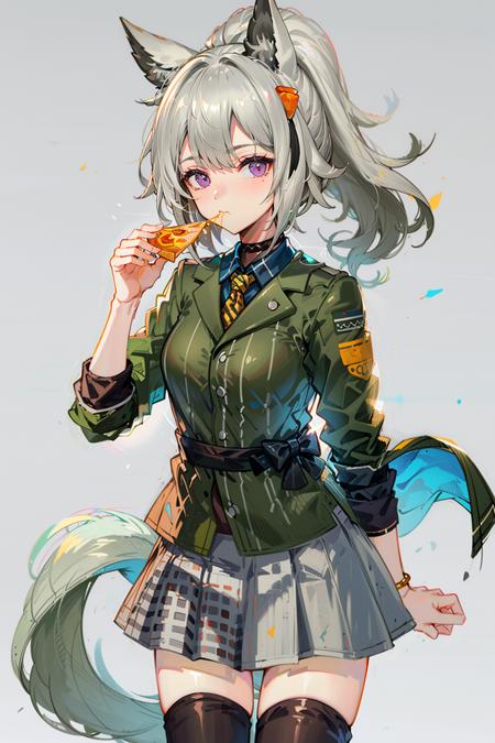 masterpiece, best quality,  greenjacketgrani, 1girl, pizza, solo, pizza slice, food, holding, holding food, eating, holding pizza, looking at viewer, simple background, hip vent, cowboy shot, can, white background <lora:graniex:1>