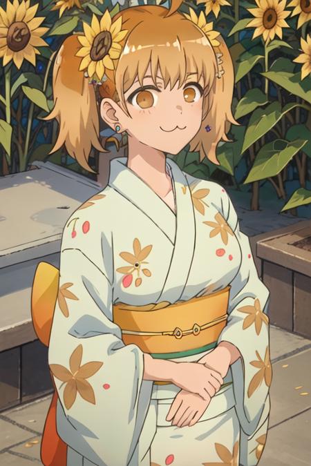 best quality, masterpiece, highres, solo, {yoshi_donttoywithmemissnagatoro:1.15}, twintails, brown_eyes, earrings, jewelry, ahoge, :3, hair_ornament, smile, blonde_hair, orange_hair, brown_hair, 1girl, flower, hair_flower, japanese_clothes, kimono, stud_earrings, sunflower, sunflower_hair_ornament, yukata, closed_mouth, upper_body, bangs, floral_print, obi, orange_eyes, parody, sash, night, virtual_youtuber