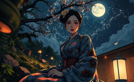 Japanese brush painting style. A bird's-eye close-up of a Japanese woman in elegant, ancient Japanese traditional clothing, sitting gracefully in a serene Japanese garden at night. Her intricate attire, featuring delicate embroidery and flowing fabrics, is beautifully illuminated by the soft glow of the moonlight. The night sky above her showcases the vivid Milky Way and a luminous moon, visible in the background at a slight angle. The dramatic Dutch angle adds a cinematic feel, while subtle elements of the garden, such as mossy stones and a softly glowing stone lantern, frame her from above. The warm light from a nearby Japanese ryokan highlights her serene expression and the intricate details of her outfit, blending intimacy and mysticism in a highly detailed, vibrant style.