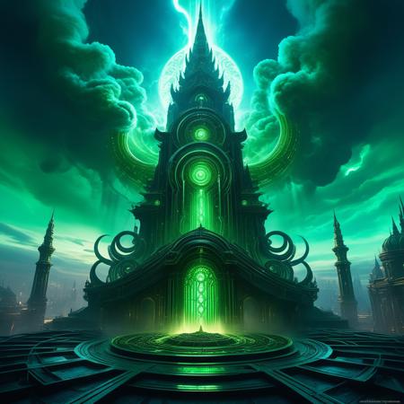 (masterpiece), best quality, centered, Ethereal, cyclopean cityscape amidst swirling clouds of iridescent mist, illuminated by an otherworldly glow emanating from the Elder Godâs colossal, twisted form. Depict the deityâs massive, serpentine body coiled around a central spire, its eyes blazing with an eldritch green fire. The cityâs architecture should blend ancient, mystical styles with futuristic, biomechanical elements, as if the Elder Godâs influence has warped the very fabric of reality. Incorporate subtle, pulsing tendrils of energy connecting the deity to the cityâs structures, hinting at its omnipresent, manipulative power. Color palette: muted, earthy tones with bursts of neon blue and green, evoking an sense of foreboding and cosmic horror steampunk clockwork monster, inspired in cosmic horror, (epic composition, epic proportion), intricate, professional work, soft shadow, volumetric lighting, interconnecting like organs with crimson veins,