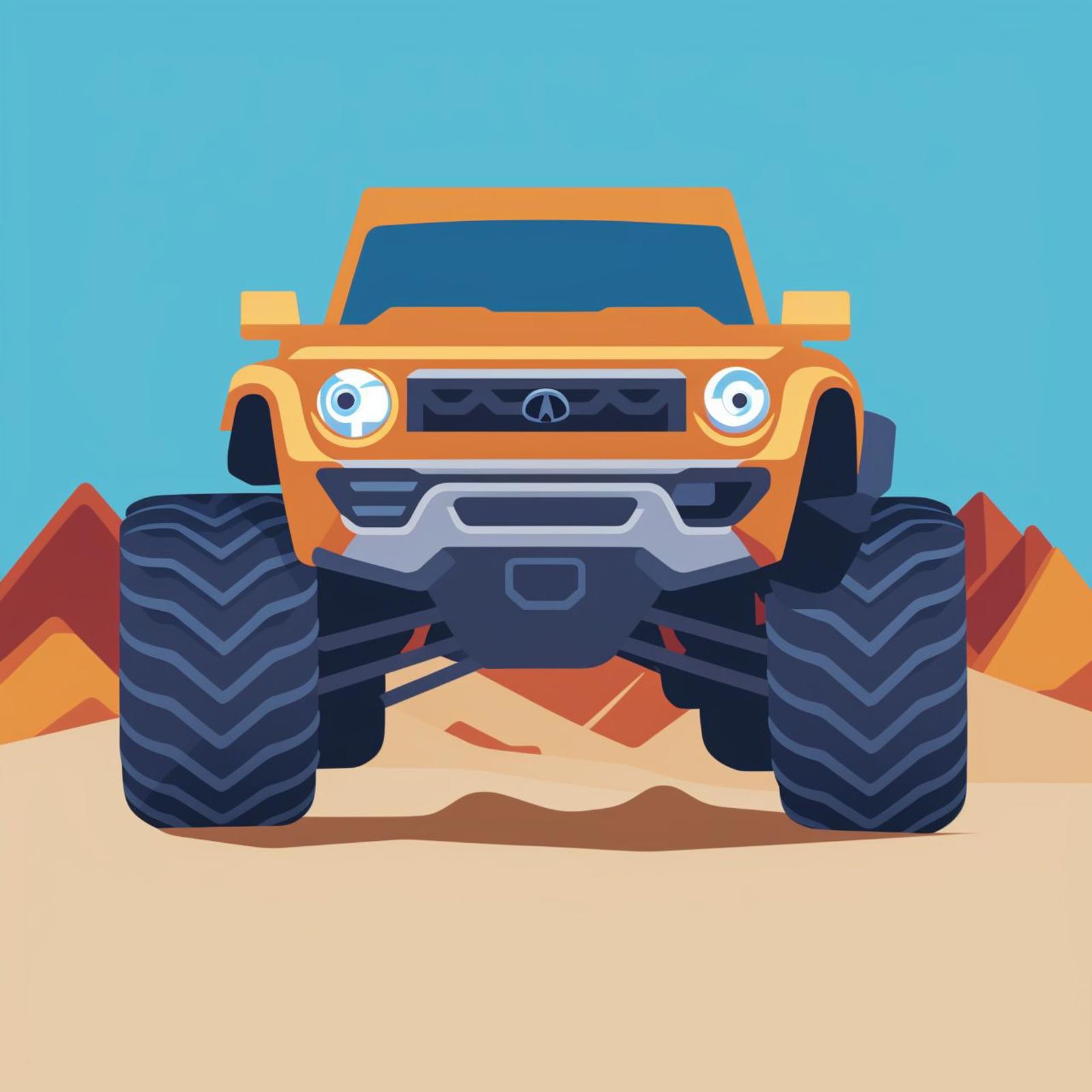 A large orange truck with big tires driving in a desert.