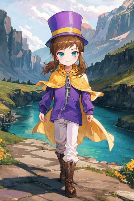 hatkid, child, brown hair, medium hair, blue eyes, top hat, yellow cape, purple jacket, zipper, white pants, boots, smug, walking, mountain, river <lora:hatkid:1>