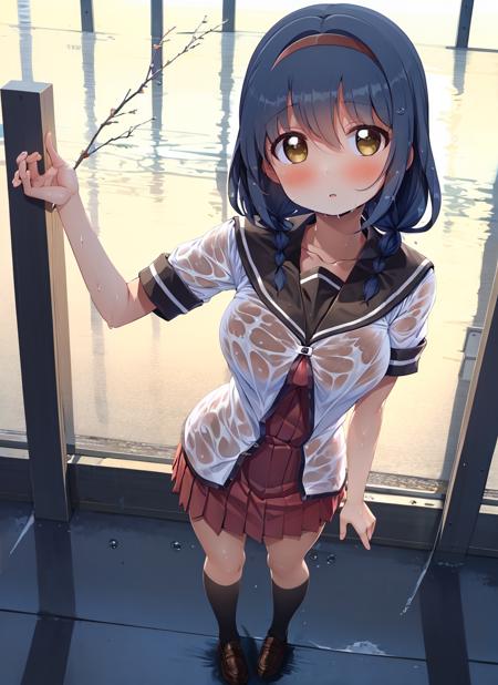 masterpiece, best quality, ultra-detailed, illustration, 1girl, solo,  <lora:furutani_himawari-v14:0.9>, furutani_himawari, 1girl, black footwear, black socks, blue hair, blush, breasts, brown eyes, brown hairband, collarbone, hairband, kneehighs, large breasts, loafers, looking at viewer, nanamori school uniform, one eye closed, parted lips, sailor collar, school uniform, see-through, serafuku, shiny, shoes, short sleeves, skirt, socks, solo, standing, water, wet, wet clothes, wringing clothes, takahero, low twin braids, medium hair