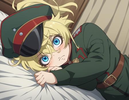 <lora:tanya-degurechaff-anime-ponyxl-lora-nochekaiser:1>, tanya degurechaff, short hair, blue eyes, blonde hair, hair between eyes, sidelocks, ahoge, ponytail, short ponytail, tanya degurechaff, long sleeves, hat, belt, uniform, military, military uniform, peaked cap, military hat,