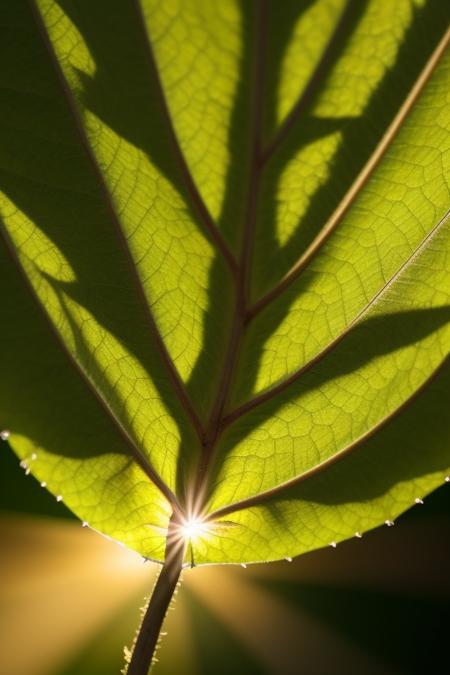 an artistic close up photograph of a single leaf with the sun behind it, the light coming through highlighting the leaf's internal structure, amazing level of detail, vibrant, full of life