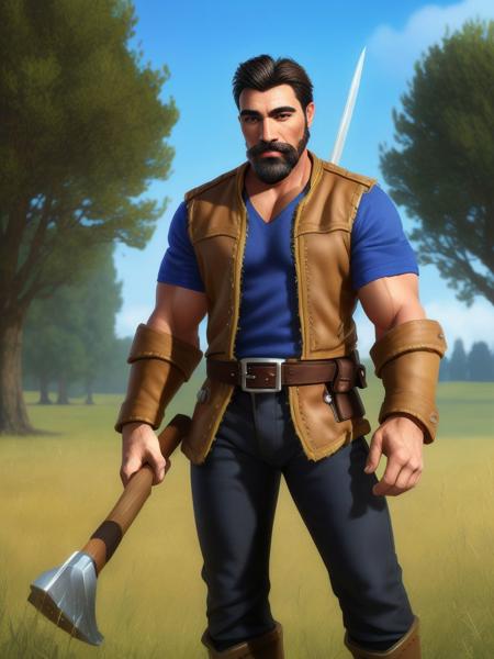 <lora:Warcraft3_peasant:0.7> solo, looking at viewer, short hair, black hair, 1boy, holding, weapon, male focus, boots, outdoors, sky, day, belt, pants, armor, tree, blue sky, muscular, feet out of frame, facial hair, thick eyebrows, grass, muscular male, bara, beard, walking, mature male, fence, mustache, axe, manly, house, realistic, 8k, ultra hd, beautiful, professional, highres, absurdres, award winning, photorealistic, ultra highres, sharp focus, best quality, extremely detailed, masterpiece, hyper-detailed, photographic, perfect detailed hands, perfect face, perfect body, perfect eyes, perfect lips, perfect nose, perfect hands, perfect fingers