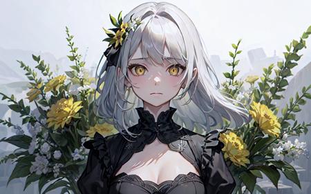 (best quality, masterpiece), (1girl, solo, black suit, standing , looking at viewer, white hair, yellow eyes, closed mouth, upper body), (giant black bouquet background, floral_background)