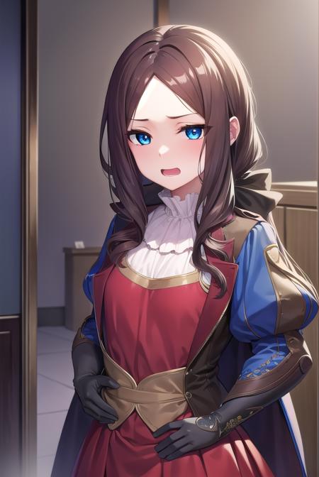 leonardodavinci, <lora:leonardodavincirider-lora-nochekaiser:1>, 
leonardo da vinci rider, blue eyes, brown hair, long hair, parted bangs, (small breasts:1.2), <lora:smirkingeye_v100:1>, <lora:smirkingmouth_v100:1>, open mouth,
BREAK black footwear, brown jacket, elbow gloves, gloves, jacket, loafers, metal gloves, pantyhose, red skirt, shoes, skirt, puffy sleeves, thighhighs, blue thighhighs,
BREAK looking at viewer, full body, upper body,
BREAK indoors,
BREAK <lyco:GoodHands-beta2:1>, (masterpiece:1.2), best quality, high resolution, unity 8k wallpaper, (illustration:0.8), (beautiful detailed eyes:1.6), extremely detailed face, perfect lighting, extremely detailed CG, (perfect hands, perfect anatomy),