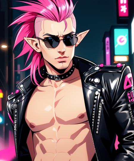 high quality, masterpiece, detailed face and eyes, detailed lips, 1boy, elf, cyberpunk, leather jacket, pectorals, biker, punk, leaning against wall, black jeans, looking at viewer, city background, night, halation, mohawk, spikes, torn clothes, mirrored sunglasses, pink hair, street, neon lihghts, dark, nighttime