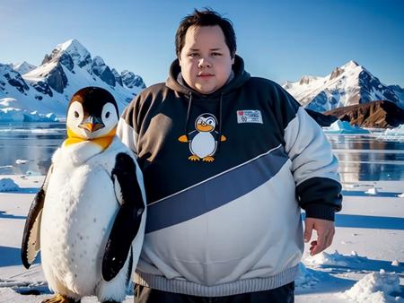 <lora:gahoole_v5:1>, gah00le, 1boy, sweater, solo, holding penguin, ice field, fat