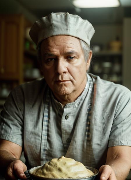 (<lora:MarlonBrandoOld:1>) ,a close up Portrait photo of (mbo1) man with grey hair, Detailed face, (perfect eyes), (highly detailed skin:1.1),   wearing a ((Short-Sleeved Chef's Shirt, Baker's Cap, Flour Sifter, Pastry Cutter, Dough Scraper)), Modelshoot style, Professional Photography, soft lighting, PHOTOREALISTIC, Realistic, standing in a kitchen, blurred background, volumetric fog,. RAW, analog style, sharp focus, 8k, HD, DSLR, high quality, Fujifilm XT3, film grain, award winning, masterpiece,