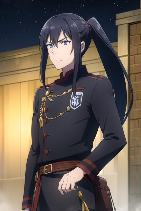 yuu kanda, long hair, black hair, ponytail, male focus, uniform, military, military uniform,