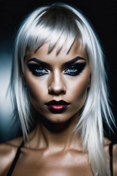 (hdr, dark shot:1.2), closeup portrait photo of beautiful woman, 25 years ols, makeup, dramatic eyeliner, vibrant silver hair, punky, sexy, simple black background, 8k uhd, high quality, dramatic, cinematic, vibrant colors, high contrast, (natural skin texture, hyperrealism, soft light, sharp)