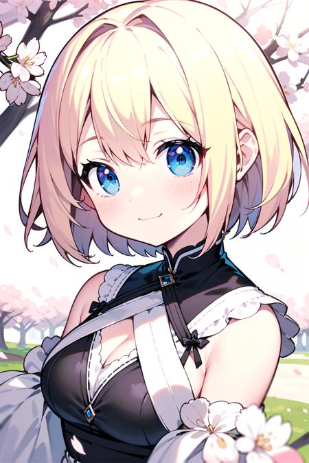 masterpiece, best quality, short hair, [pink hair | blonde hair], blue eyes, [smile | :3], [close-up | wide shot], [white dress | black dress], cherry blossoms,