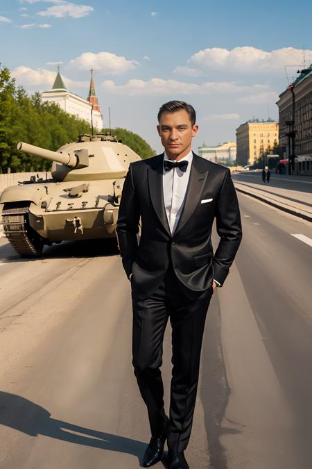 Moscow street, driving a Soviet era tank, ColbyTaylor is James Bond wearing James bond attire, ((full body portrait:1.5)), full body shot, wide angle  <lora:ColbyTaylor:0.8>