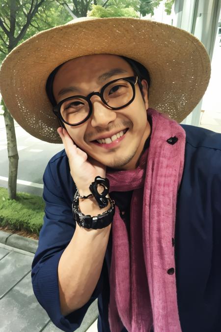 1boy , ,smile, solo,upper body , outdoors,  <lora:Celebrity-haha_donghoon_v1:0.8>,glasses, haha, haroro,hat, 
masterpiece, high quality, highres, realistic,