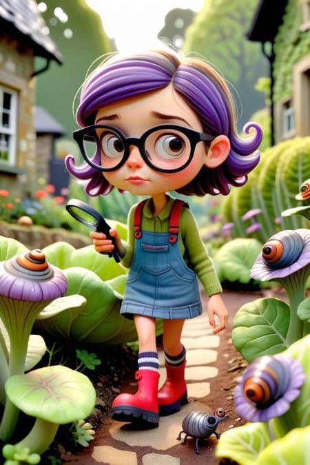 3d cartoon character, (Pixar style:0.4), Character, 1girl,  candid, explorer, colored denim jumper, nerd glasses, wellies, in garden, magnifying glass inspecting snails on cabbage leaves, hidden snails everywhere,  flowers surround her, stone path beneath feet, tilt shift,  <lora:Skottie Young Style:1.5> Skottie Young style,
Gemma Correl<lora:Gemma Correll Style:1.3>Gemma Correll Style  <lora:Will Eisner Style:0.65>