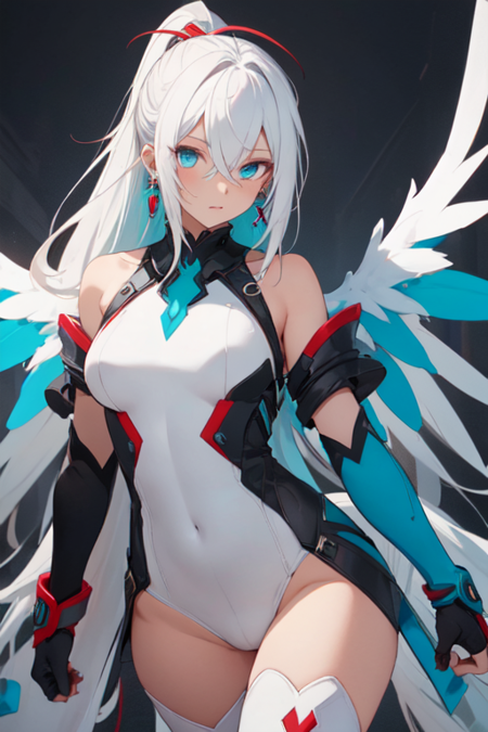 KianaSentinel, 1girl, solo, long hair, white hair, ponytail, blue eyes, white thighhighs, gloves, gauntlets, hair between eyes, bare shoulders, white bodysuit with red lining, jewelry, earrings, antenna hair, cyan wings, [medium breasts], 