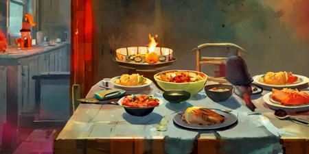 a table filled with food, a dinner table with a turkey dinner, a dining room in a modern family home, a set of dishes on a table (PaintStyle4:0.4)